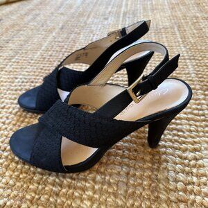 Clarks "Dalia Lotus" Black Suede Leather Crossover Slingback Heels